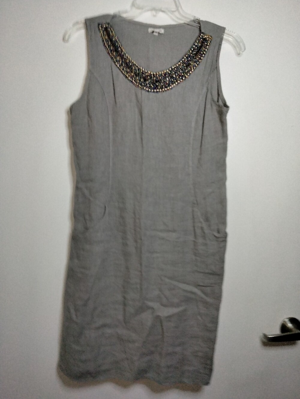 Lina Tomei (Sz M) Taupe Gray 100% Linen Beaded Scoop Neck Sleeveless Shift Dress